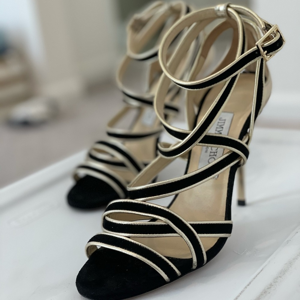 Jimmy Choo strappy suede black and gold heels. 37
